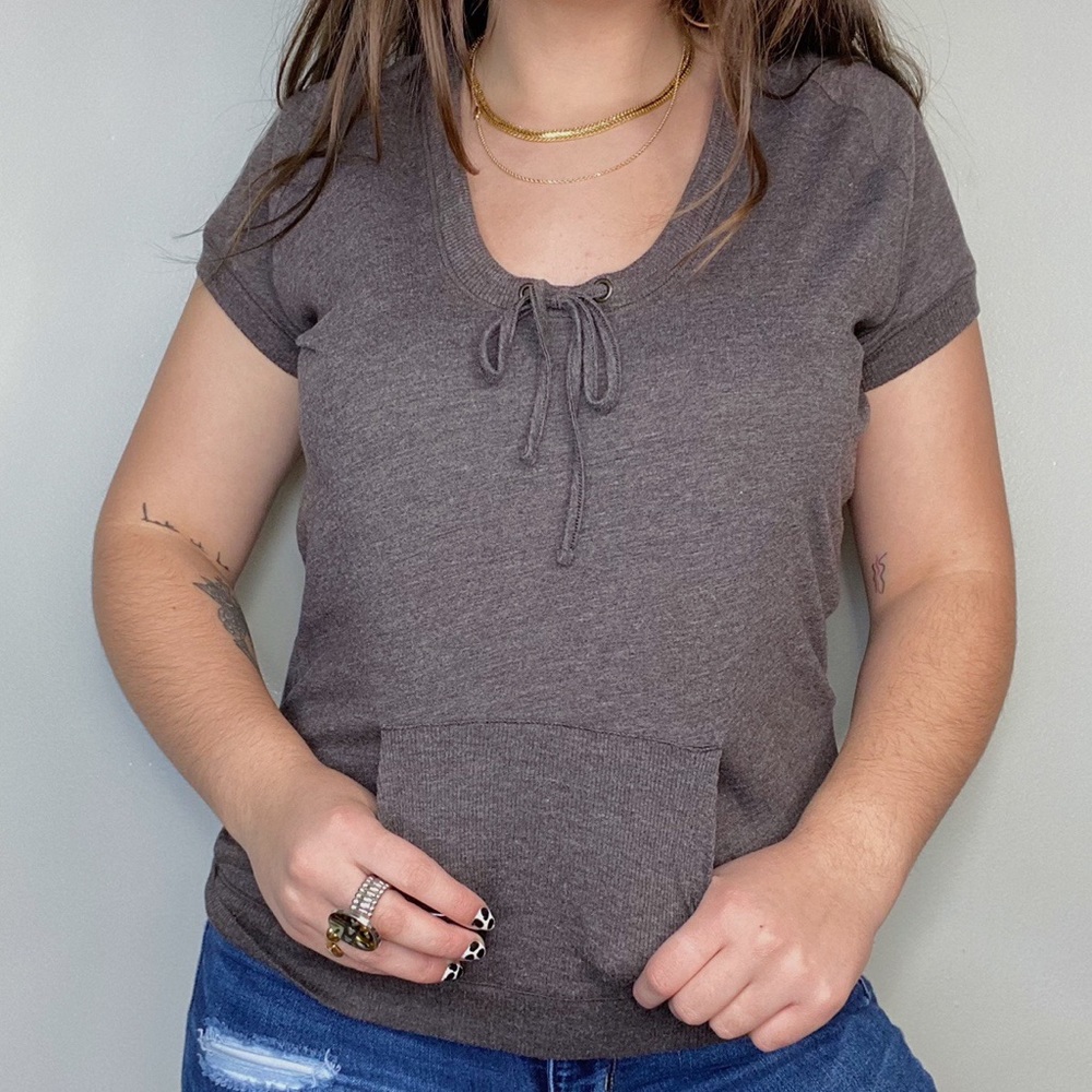 brown short sleeve hoodie top